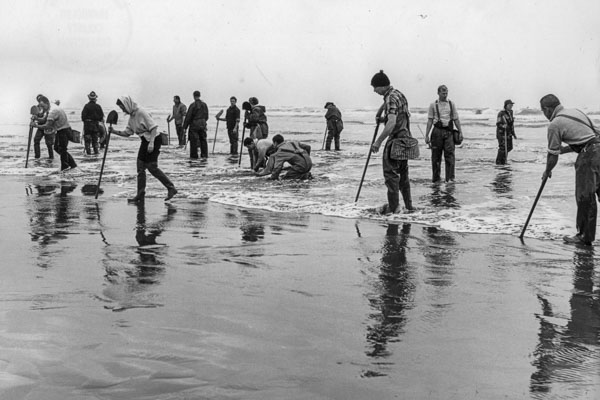 black and white photo of people clamming at clam beach