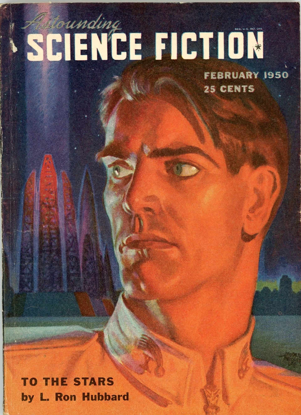 cover depicting male face with city in background  
