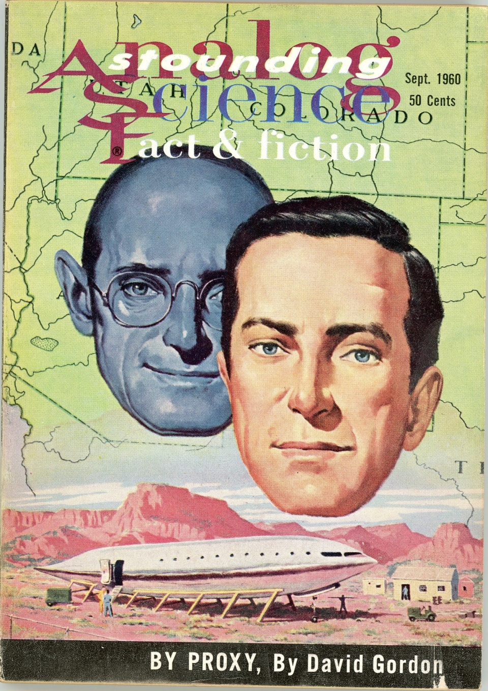 Analog cover depicting two male faces above spaceship being built