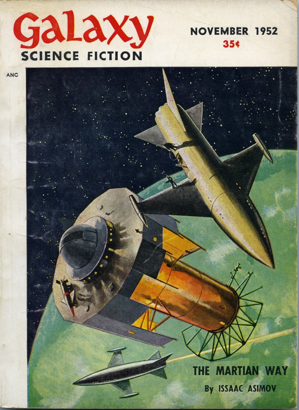 cover depicting space station and spacecraft over plant 